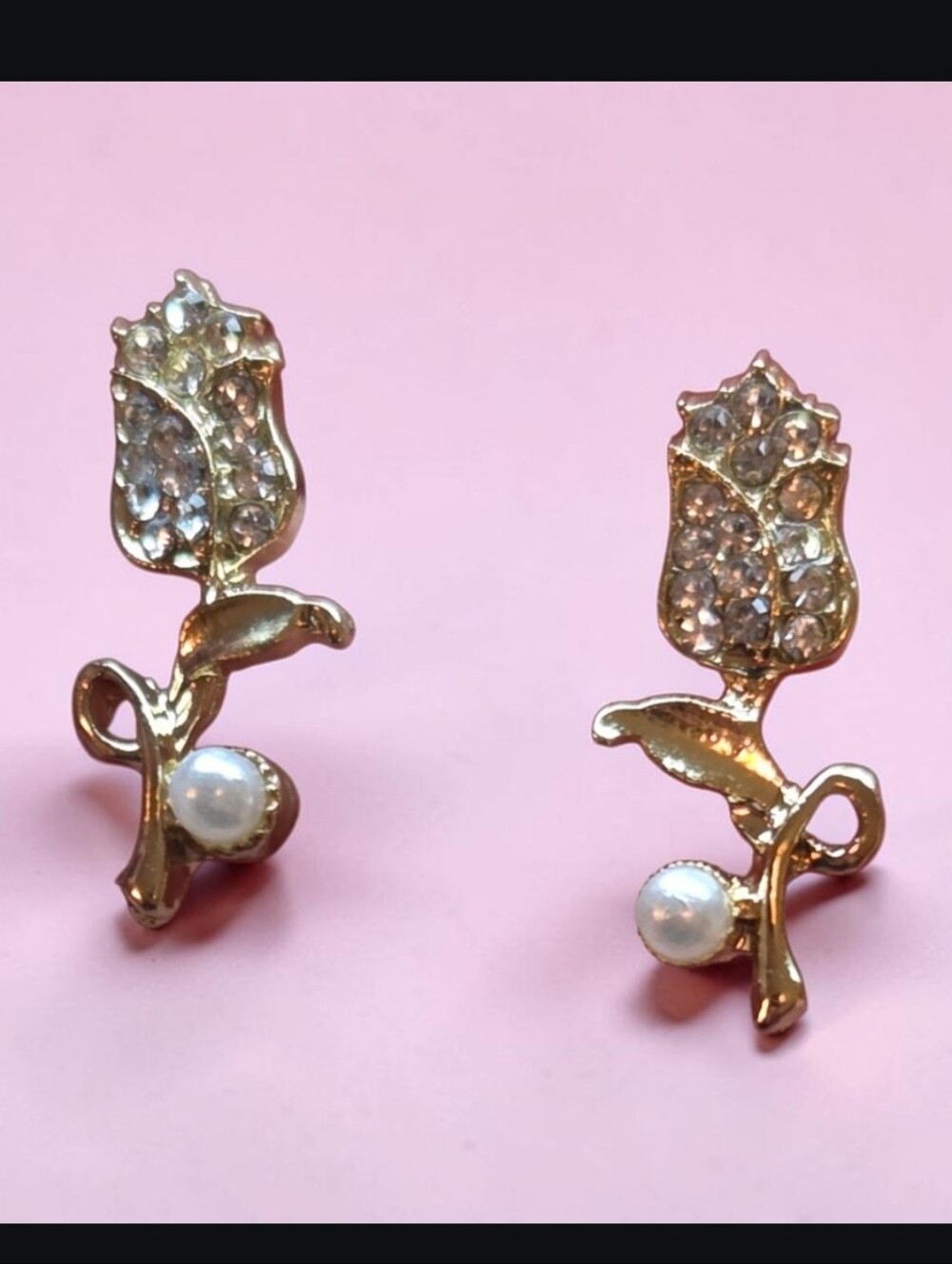 NYU NYU Korean Gold Crystal Tulip Pearl Stud Earrings - Sterling Silver Posts
